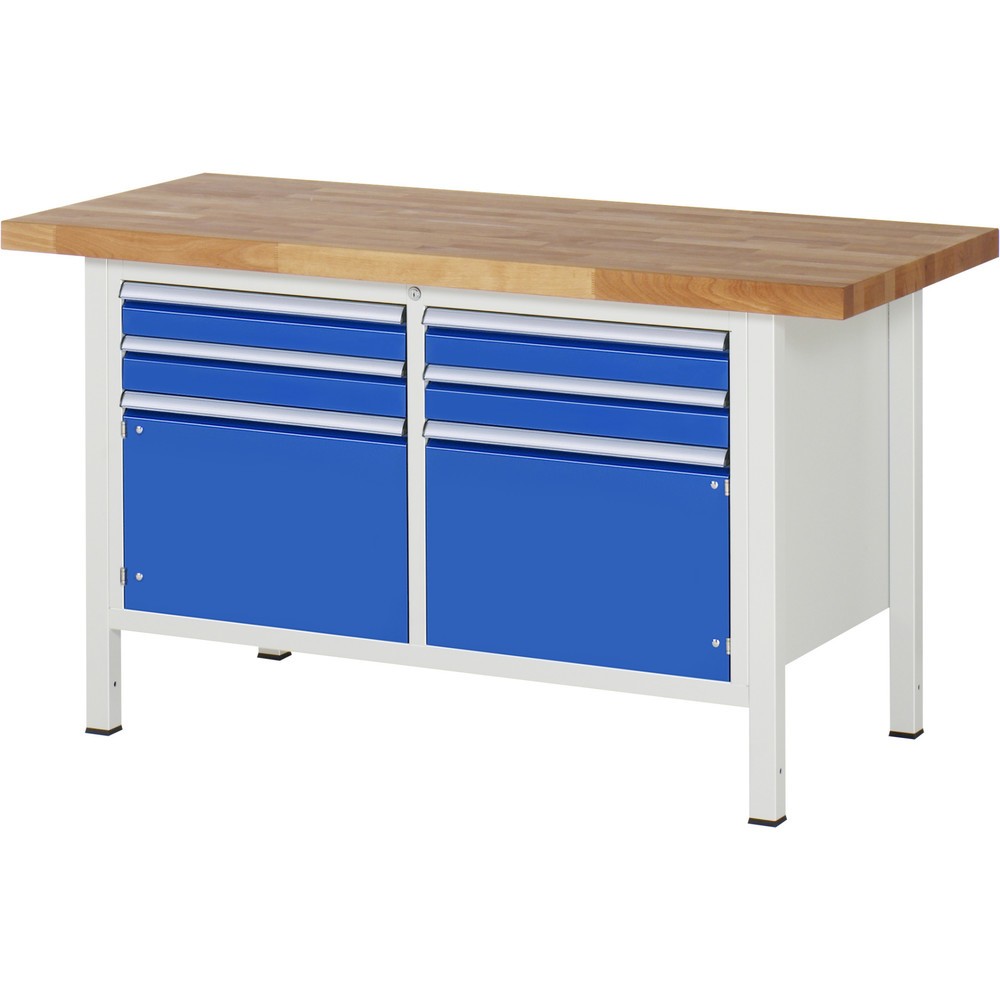 Produktabbildung: RAU Werkbank Serie 8000, 1 Doppel-Container, 2 Flügeltüren, HxBxT 840-1.040 x 1.500 x 700 mm, 4 x 90%-Auszug-Schubladen