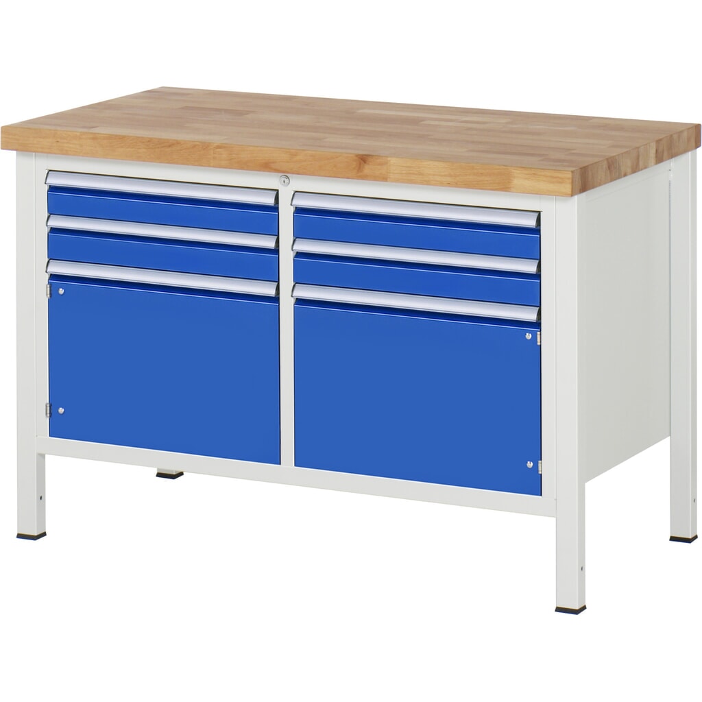 Produktabbildung: RAU Werkbank Serie 8000, 1 Doppel-Container, 2 Flügeltüren, HxBxT 840 x 1.250 x 700 mm, 4 x 90%-Auszug-Schubladen
