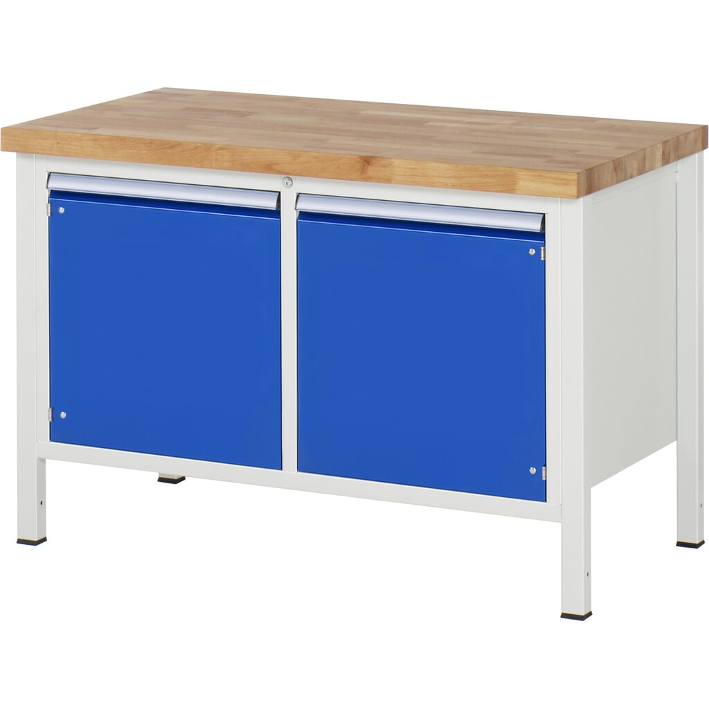 Produktabbildung: RAU Werkbank Serie 8000, 1 Doppel-Container, 2 Flügeltüren, HxBxT 840-1.040 x 1.250 x 700 mm