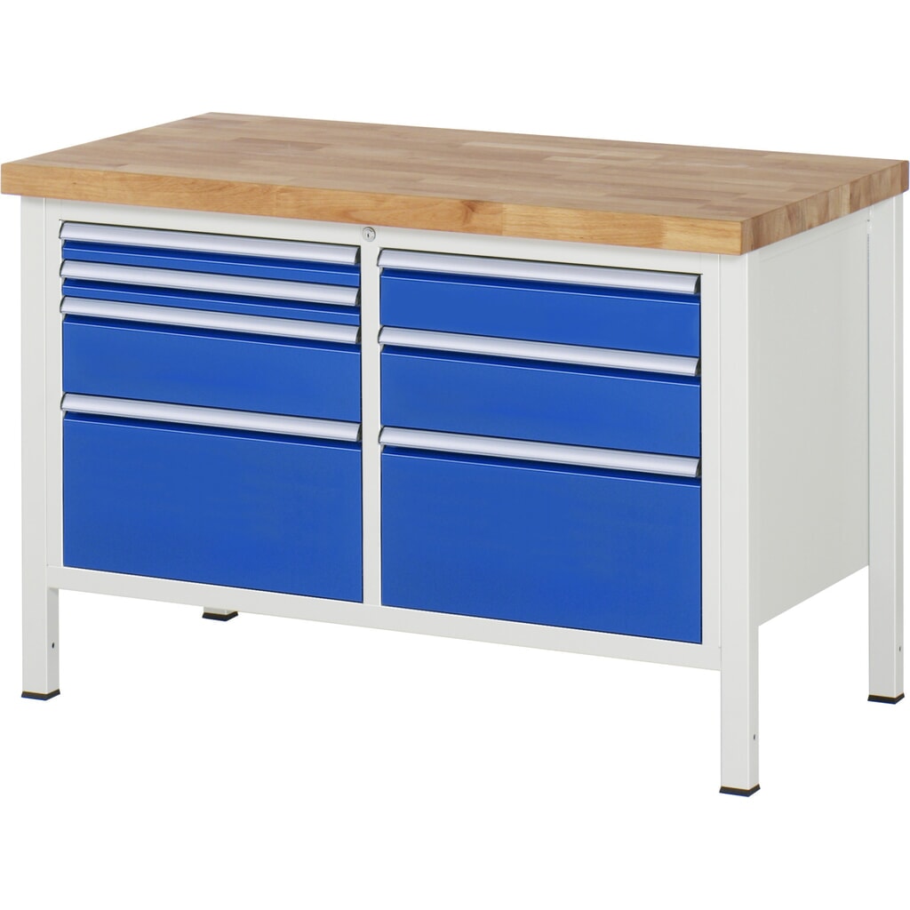 Produktabbildung: RAU Werkbank Serie 8000, 1 Doppel-Container, HxBxT 840-1.040 x 1.250 x 700 mm, 7 x 90%-Auszug-Schubladen