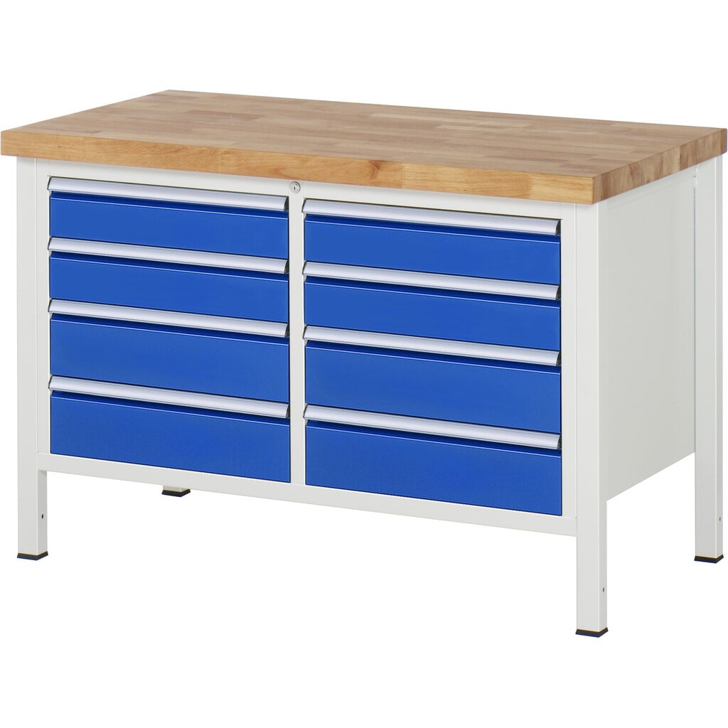 Produktabbildung: RAU Werkbank Serie 8000, 1 Doppel-Container, HxBxT 840 x 1.250 x 700 mm, 8 x 90%-Auszug-Schubladen 4 x 120, 4 x 150 mm, Schubladen-TK 100 kg