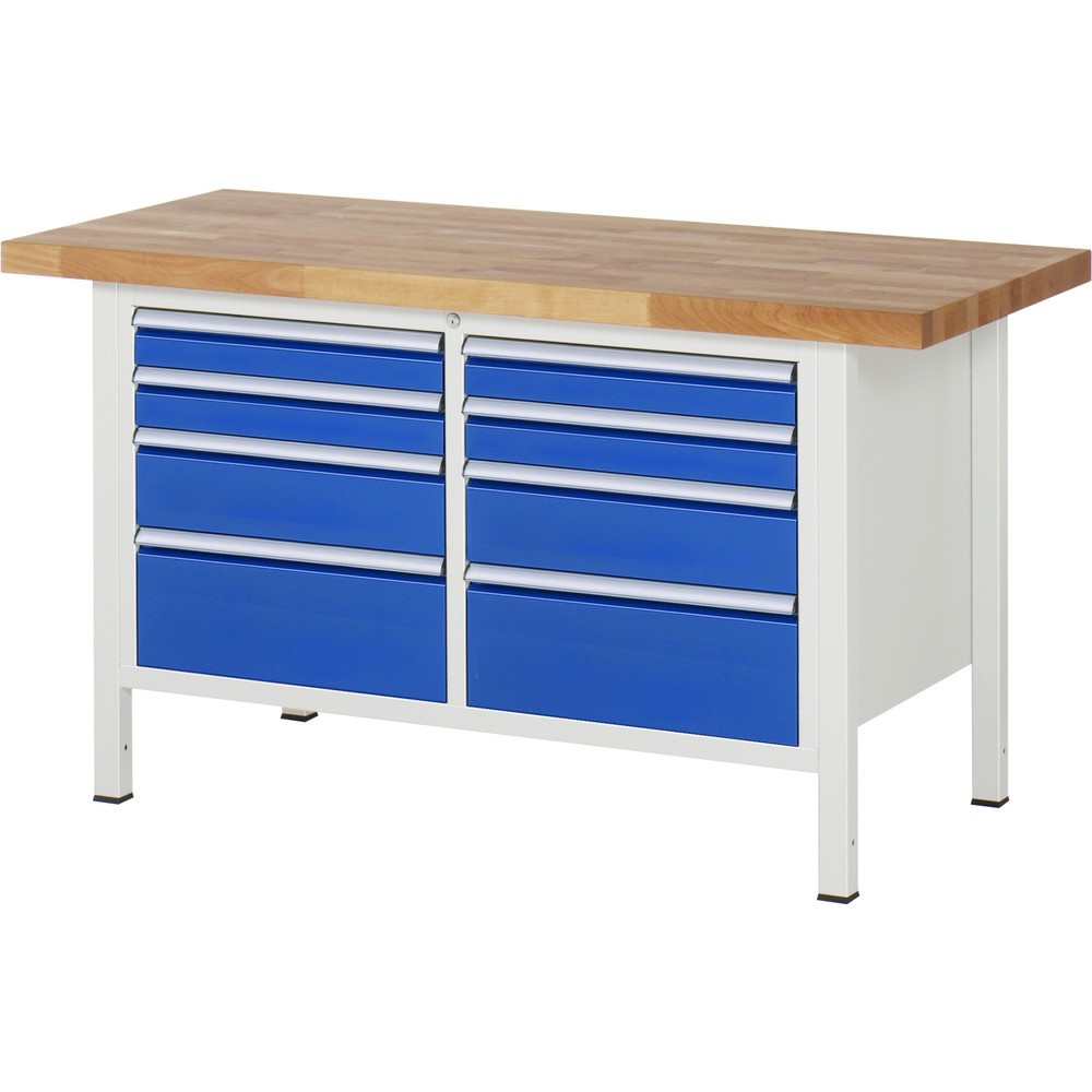 Produktabbildung: RAU Werkbank Serie 8000, 1 Doppel-Container, HxBxT 840-1.040 x 1.500 x 700 mm, 8 x 90%-Auszug-Schubladen 4 x 90, 2 x 150, 2 x 210 mm, Breite 490 mm