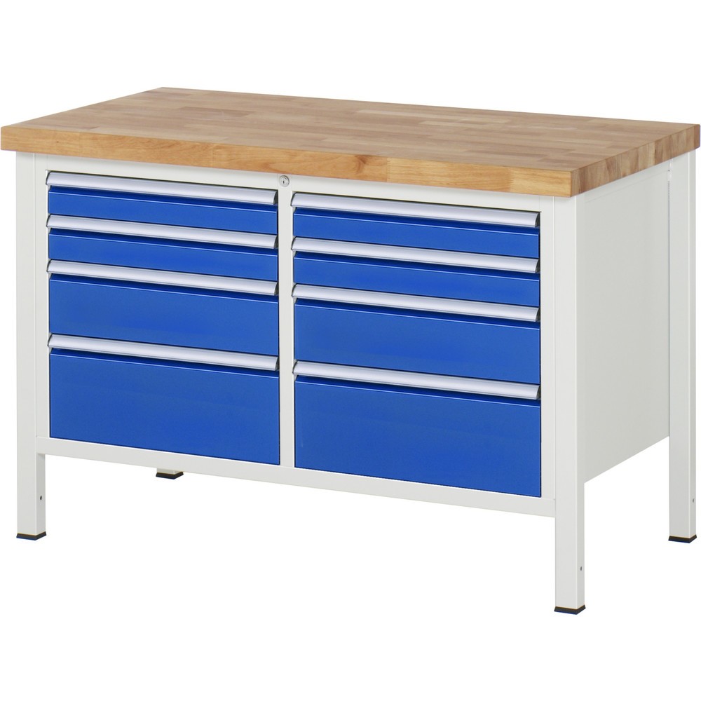 Produktabbildung: RAU Werkbank Serie 8000, 1 Doppel-Container, HxBxT 840-1.040 x 1.250 x 700 mm, 8 x 90%-Auszug-Schubladen 4 x 90, 2 x 150, 2 x 210 mm, Breite 490 mm