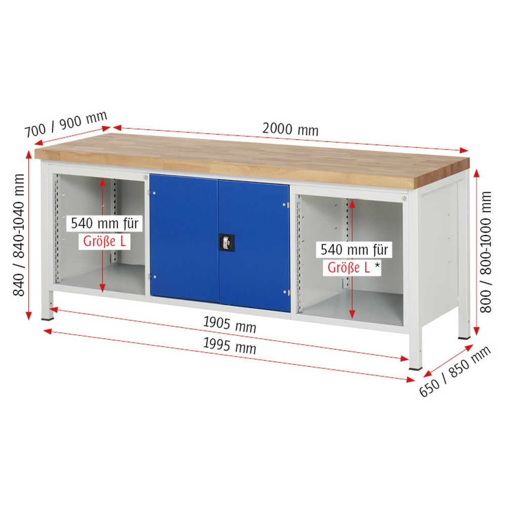Produktabbildung Nr. 4: RAU Werkbank Serie 8000, 1 Dreifach-Container, 1 Doppel-Flügeltür, HxBxT 840-1.040 x 2.000 x 700 mm, 9 x 100%-Auszug-Schubladen