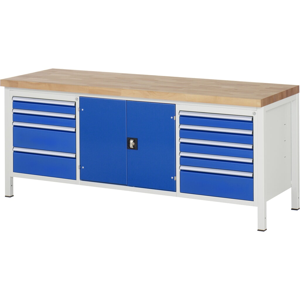 Produktabbildung: RAU Werkbank Serie 8000, 1 Dreifach-Container, 1 Doppel-Flügeltür, HxBxT 840 x 2.000 x 700 mm, 9 x 90%-Auszug-Schubladen