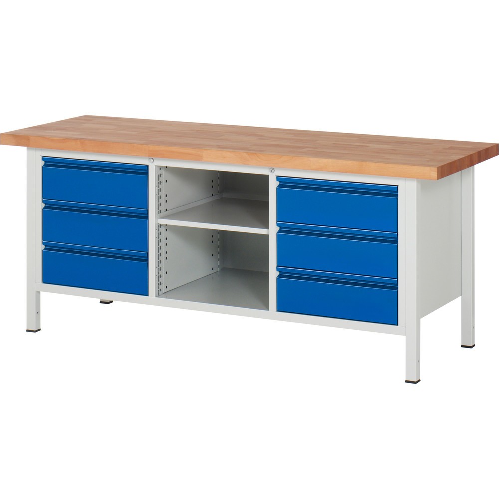 Produktabbildung Nr. 1: RAU Werkbank Serie 8000, 1 Dreifach-Container, 1 Fachboden, HxBxT 840 x 2.000 x 700 mm, 6 x 90%-Auszug-Schubladen 6 x 180 mm