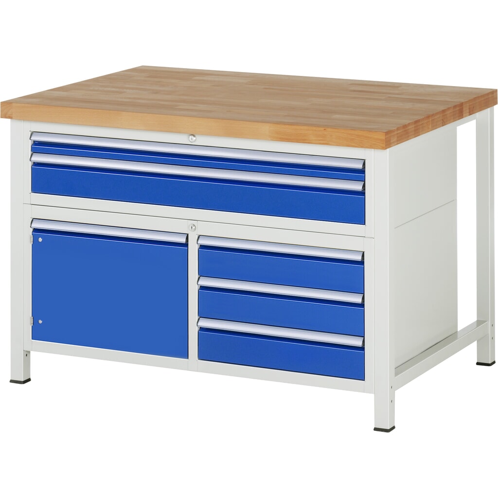 RAU Werkbank Serie 8000, 1 Dreifach-Container, 1 Flügeltür, HxBxT 840-1.040 x 1.250 x 900 mm, 5 x 90%-Auszug-Schubladen, 2 XXL oben Produktabbildung: RAU Werkbank Serie 8000, 1 Dreifach-Container, 1 Flügeltür, HxBxT 840-1.040 x 1.250 x 900 mm, 5 x 90%-Auszug-Schubladen, 2 XXL oben