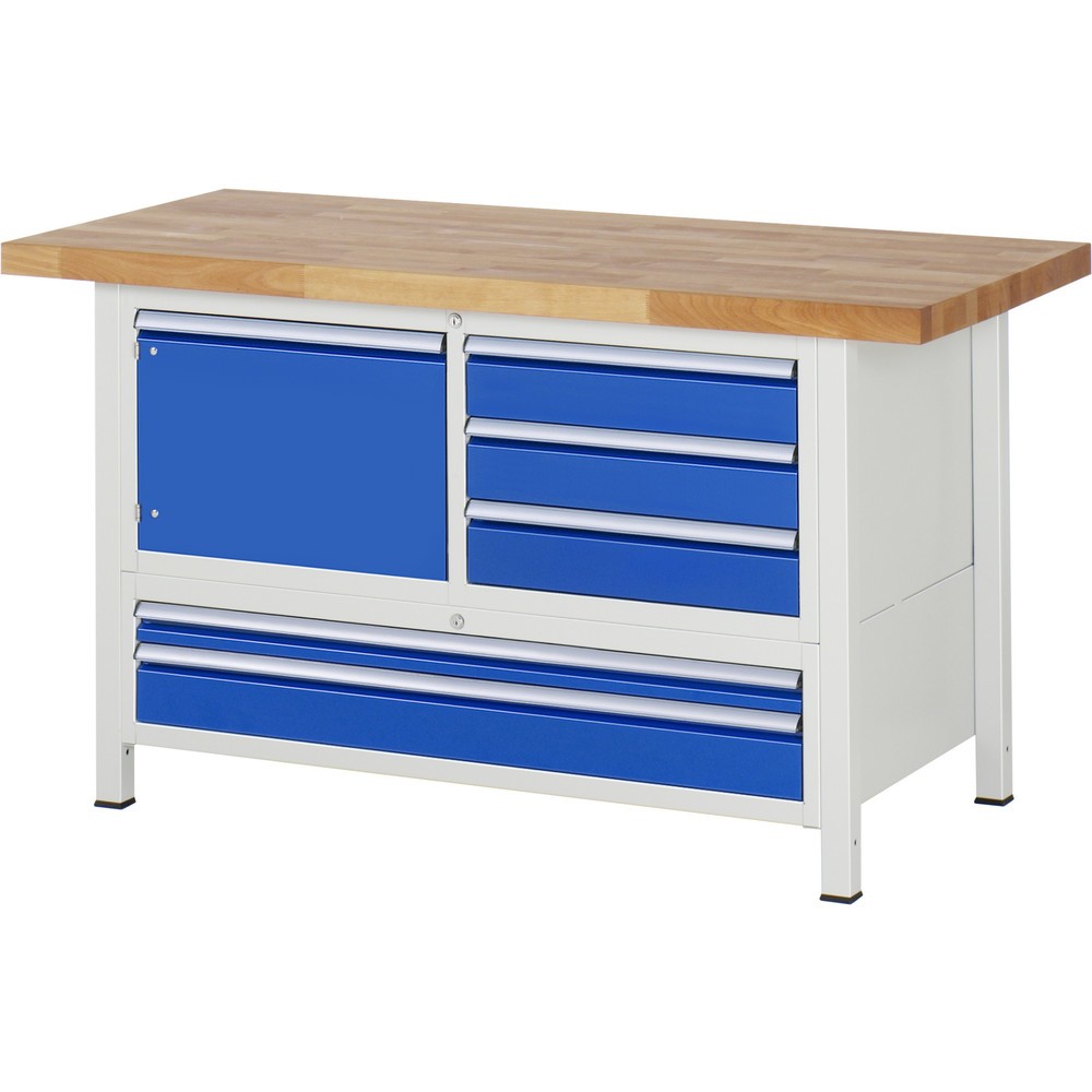 Produktabbildung: RAU Werkbank Serie 8000, 1 Dreifach-Container, 1 Flügeltür, HxBxT 840-1.040 x 1.500 x 700 mm, 5 x 100%-Auszug-Schubladen, 2 XXL unten