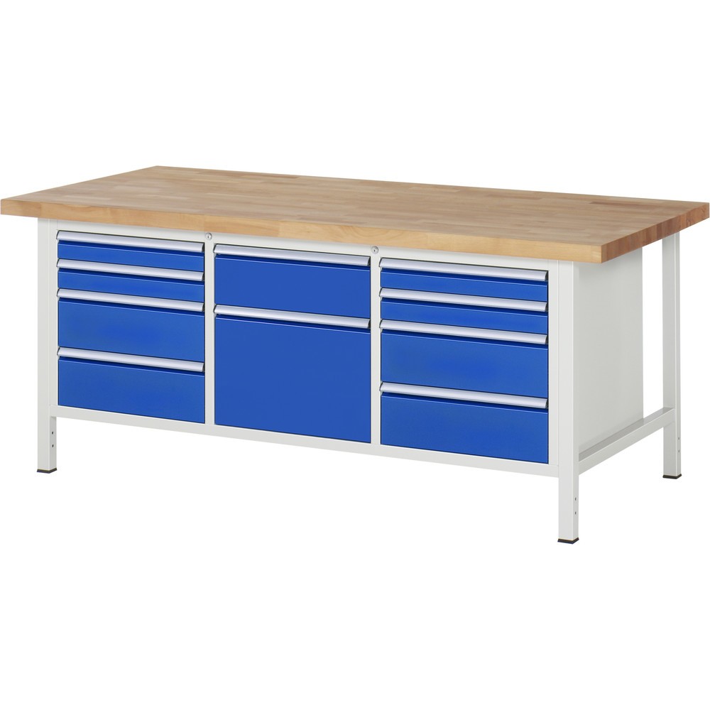 Produktabbildung: RAU Werkbank Serie 8000, 1 Dreifach-Container, HxBxT 840-1.040 x 2.000 x 900 mm, 10 x 100%-Auszug-Schubladen 4 x 90, 5 x 180, 1 x 360 mm, Schubladen-TK 100 kg