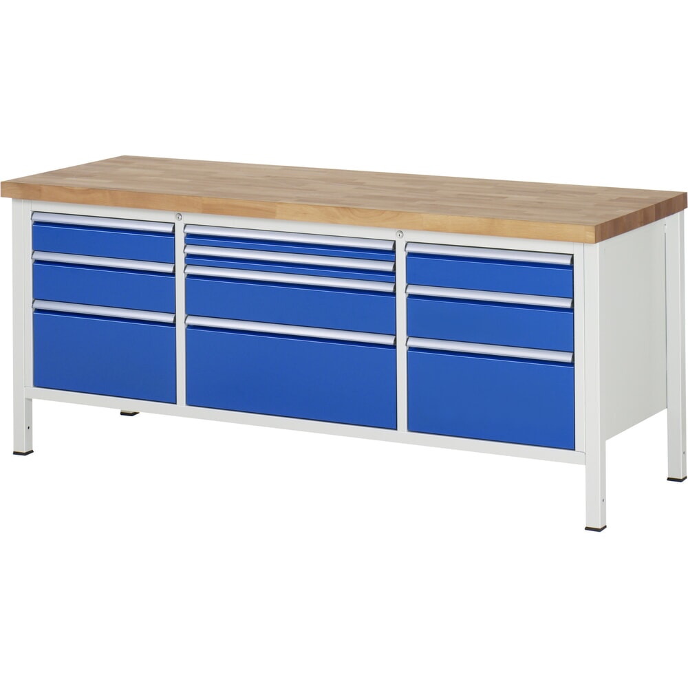 Produktabbildung Nr. 1: RAU Werkbank Serie 8000, 1 Dreifach-Container, HxBxT 840 x 2.000 x 700 mm, 10 x 100%-Auszug-Schubladen 2 x 60, 2 x 120, 3 x 150, 3 x 270 mm, Schubladen-TK 75/100 kg