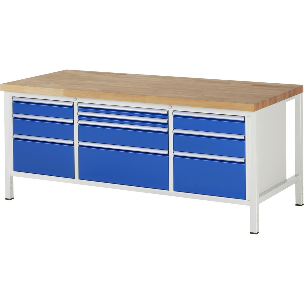 Produktabbildung Nr. 1: RAU Werkbank Serie 8000, 1 Dreifach-Container, HxBxT 840-1.040 x 2.000 x 900 mm, 10 x 100%-Auszug-Schubladen 2 x 60, 2 x 120, 3 x 150, 3 x 270 mm, Schubladen-TK 75/100 kg