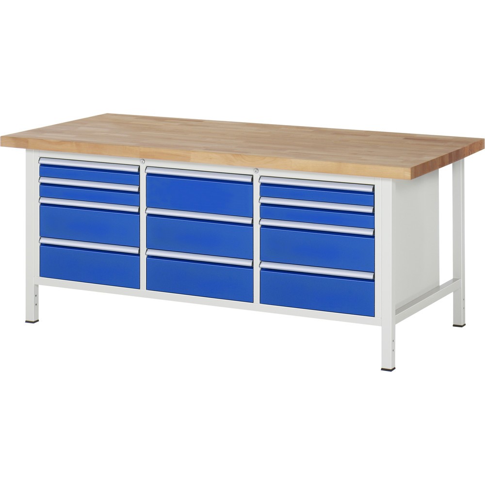 Produktabbildung: RAU Werkbank Serie 8000, 1 Dreifach-Container, HxBxT 840-1.040 x 2.000 x 900 mm, 11 Schublade 4 x 90, 7 x 180 mm, Schubladen-TK 100 kg