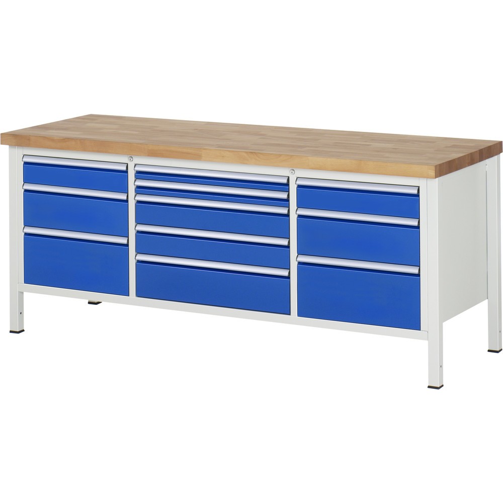 Produktabbildung: RAU Werkbank Serie 8000, 1 Dreifach-Container, HxBxT 840-1.040 x 2.000 x 700 mm, 11 Schublade 2 x 60, 4 x 120, 3 x 180, 2 x 240 mm, Schubladen-TK 100/75 kg