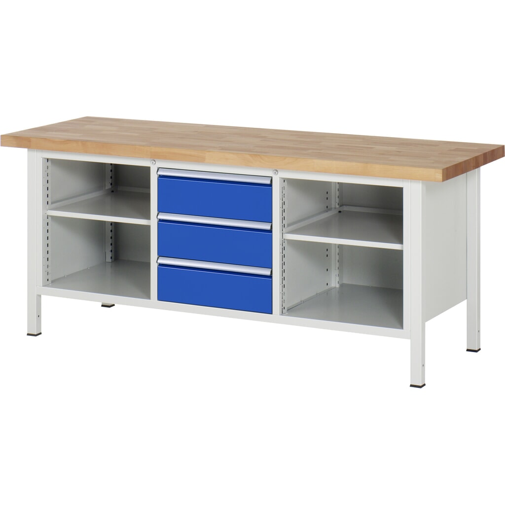 RAU Werkbank Serie 8000, 1 Dreifach-Container, 2 Fachböden, HxBxT 840 x 2.000 x 700 mm, 3 x 90%-Auszug-Schubladen Produktabbildung: RAU Werkbank Serie 8000, 1 Dreifach-Container, 2 Fachböden, HxBxT 840 x 2.000 x 700 mm, 3 x 90%-Auszug-Schubladen