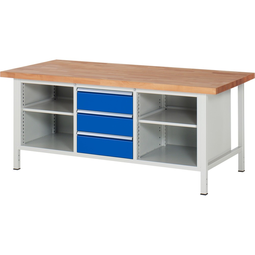 Produktabbildung: RAU Werkbank Serie 8000, 1 Dreifach-Container, 2 Fachböden, HxBxT 840-1.040 x 2.000 x 900 mm, 3 x 100%-Auszug-Schubladen