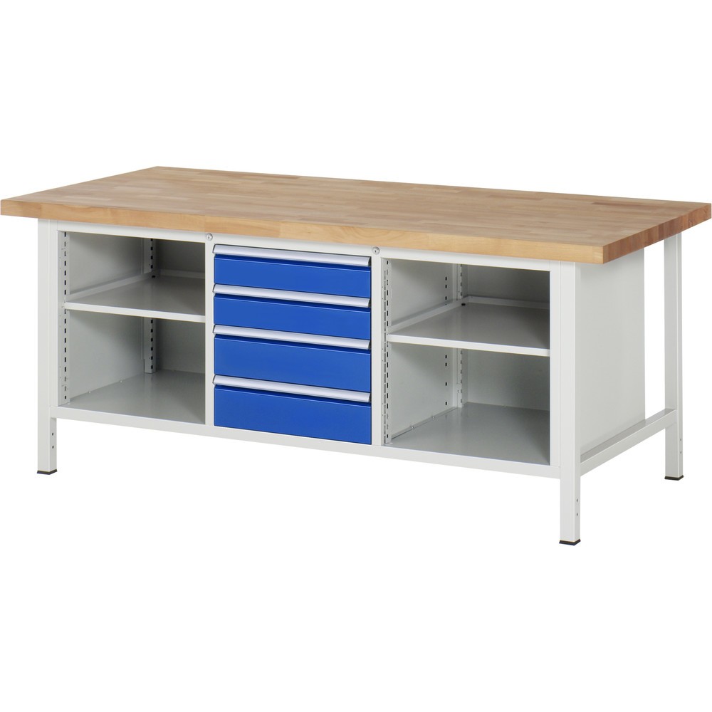 Produktabbildung: RAU Werkbank Serie 8000, 1 Dreifach-Container, 2 Fachböden, HxBxT 840-1.040 x 2.000 x 900 mm, 4 x 100%-Auszug-Schubladen, Schubladen-TK 100 kg