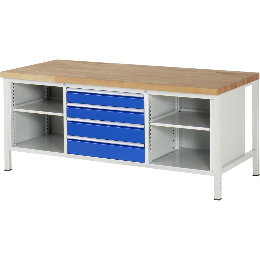 Produktabbildung Nr. 1: RAU Werkbank Serie 8000, 1 Dreifach-Container, 2 Fachböden, HxBxT 840 x 2.000 x 900 mm, 4 x 90%-Auszug-Schubladen, Schubladen-TK 75 kg
