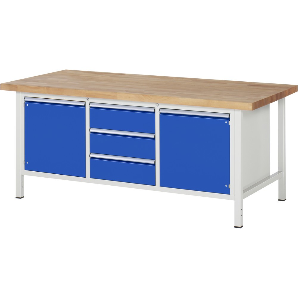 Produktabbildung: RAU Werkbank Serie 8000, 1 Dreifach-Container, HxBxT 840-1.040 x 2.000 x 900 mm, 2 Flügeltüren, 3 x 90% Auszugs-Schubladen, ErgoScript®