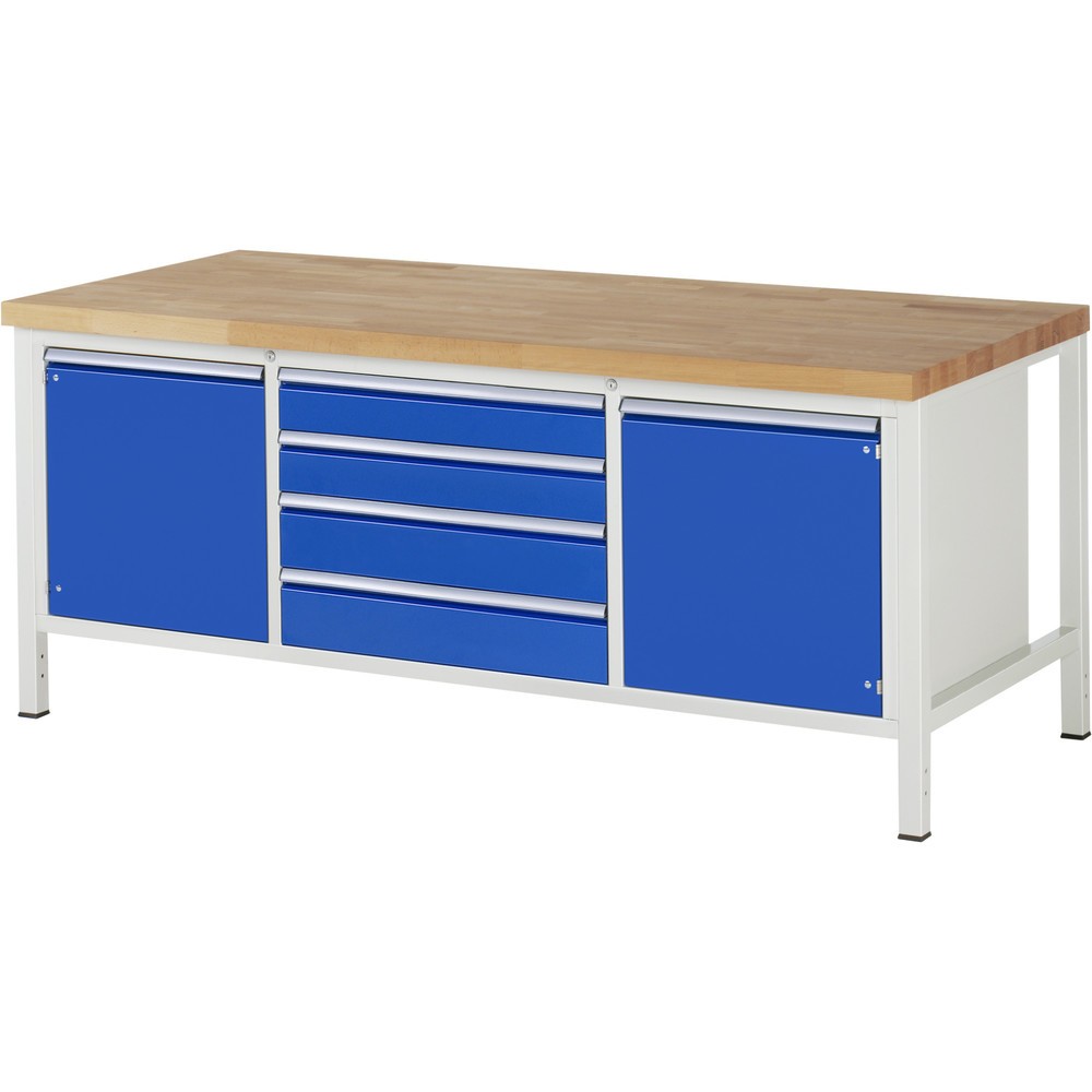 Produktabbildung: RAU Werkbank Serie 8000, 1 Dreifach-Container, 2 Flügeltüren, HxBxT 840-1.040 x 2.000 x 900 mm, 4 x 100%-Auszug-Schubladen