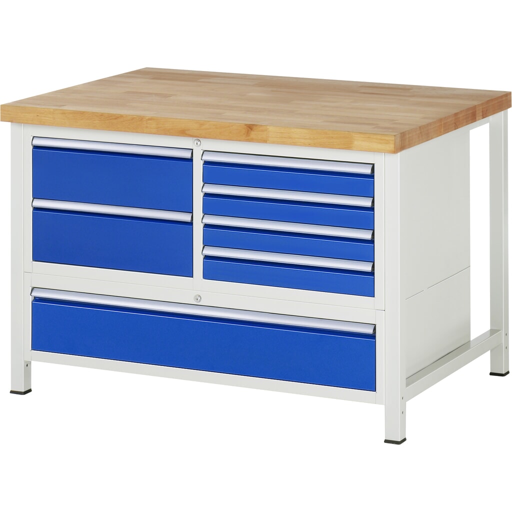 RAU Werkbank Serie 8000, 1 Dreifach-Container, HxBxT 840-1.040 x 1.250 x 900 mm, 7 x 90%-Auszug-Schubladen 4 x 90, 3 x 180 mm Produktabbildung: RAU Werkbank Serie 8000, 1 Dreifach-Container, HxBxT 840-1.040 x 1.250 x 900 mm, 7 x 90%-Auszug-Schubladen 4 x 90, 3 x 180 mm