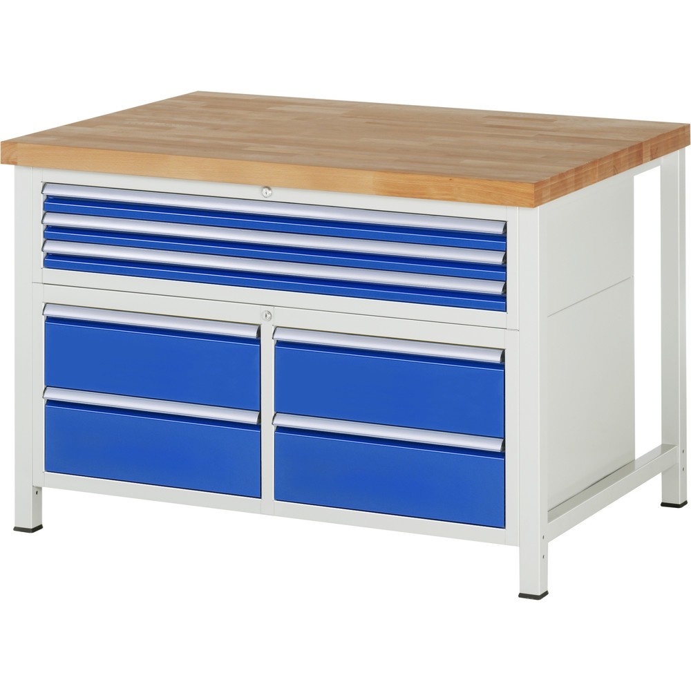 Produktabbildung: RAU Werkbank Serie 8000, 1 Dreifach-Container, HxBxT 840-1.040 x 1.250 x 900 mm, 7 x 100%-Auszug-Schubladen 3 x 60, 4 x 180 mm