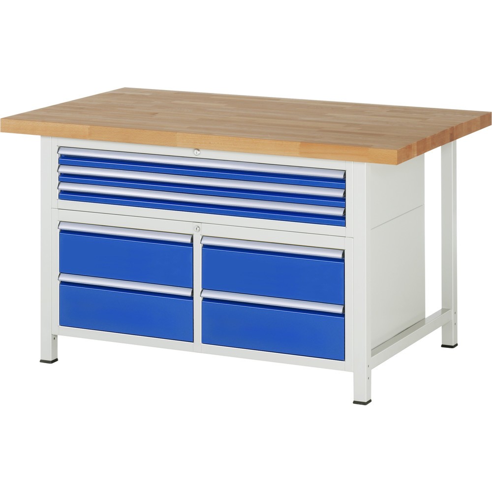 Produktabbildung: RAU Werkbank Serie 8000, 1 Dreifach-Container, HxBxT 840-1.040 x 1.500 x 900 mm, 7 x 90%-Auszug-Schubladen 3 x 60, 4 x 180 mm