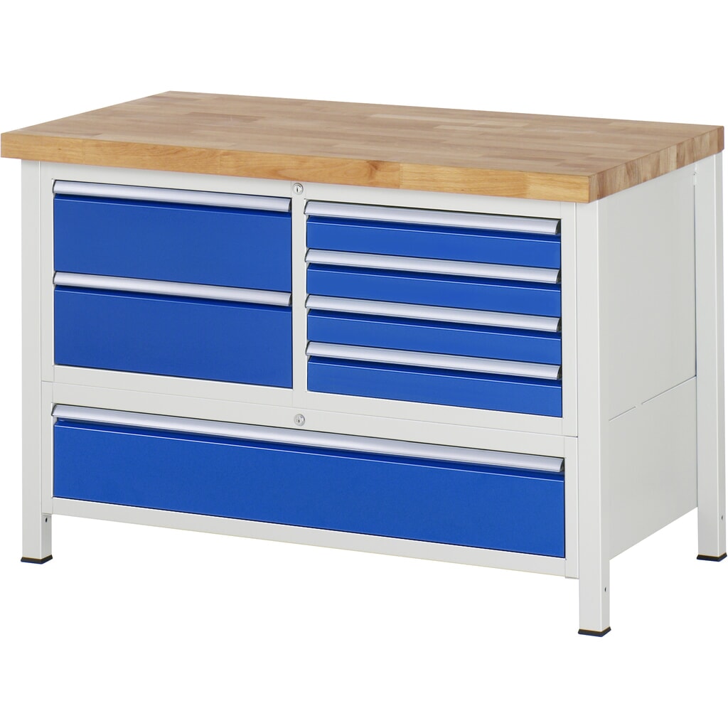 RAU Werkbank Serie 8000, 1 Dreifach-Container, HxBxT 840-1.040 x 1.250 x 700 mm, 7 x 90%-Auszug-Schubladen 4 x 90, 3 x 180 mm Produktabbildung: RAU Werkbank Serie 8000, 1 Dreifach-Container, HxBxT 840-1.040 x 1.250 x 700 mm, 7 x 90%-Auszug-Schubladen 4 x 90, 3 x 180 mm