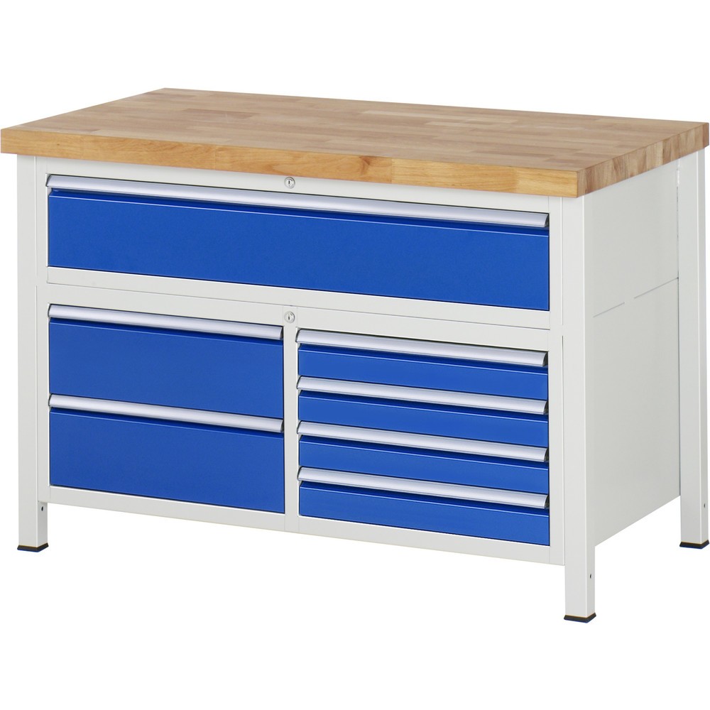 Produktabbildung: RAU Werkbank Serie 8000, 1 Dreifach-Container, HxBxT 840-1.040 x 1.250 x 700 mm, 7 x 90%-Auszug-Schubladen 4 x 90, 3 x 180 mm