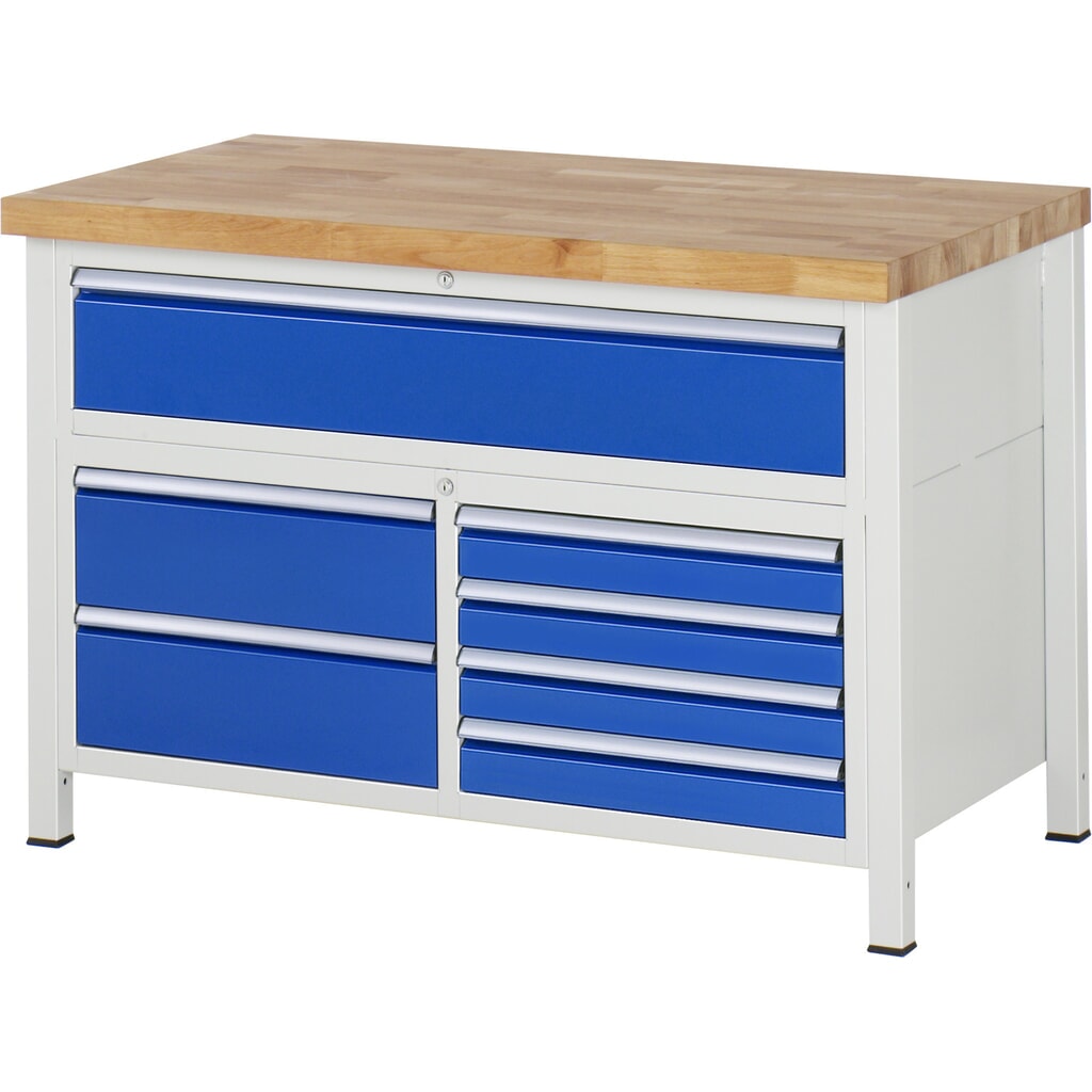 Produktabbildung: RAU Werkbank Serie 8000, 1 Dreifach-Container, HxBxT 840 x 1.250 x 700 mm, 7 x 90%-Auszug-Schubladen 4 x 90, 3 x 180 mm