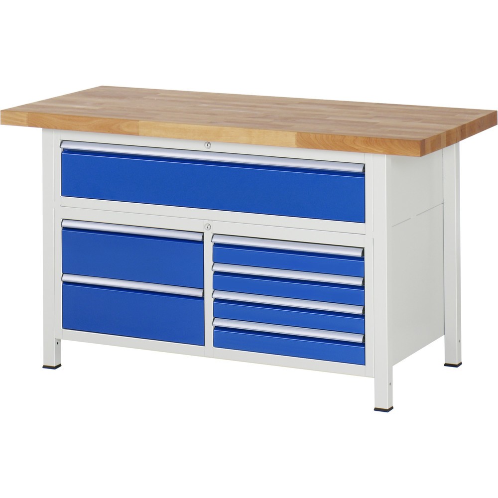 Produktabbildung: RAU Werkbank Serie 8000, 1 Dreifach-Container, HxBxT 840-1.040 x 1.500 x 700 mm, 7 x 90%-Auszug-Schubladen 4 x 90, 3 x 180 mm