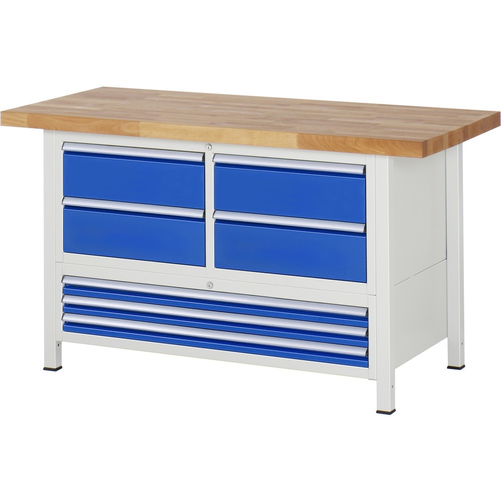 Produktabbildung: RAU Werkbank Serie 8000, 1 Dreifach-Container, HxBxT 840-1.040 x 1.500 x 700 mm, 7 x 100%-Auszug-Schubladen 3 x 60, 4 x 180 mm