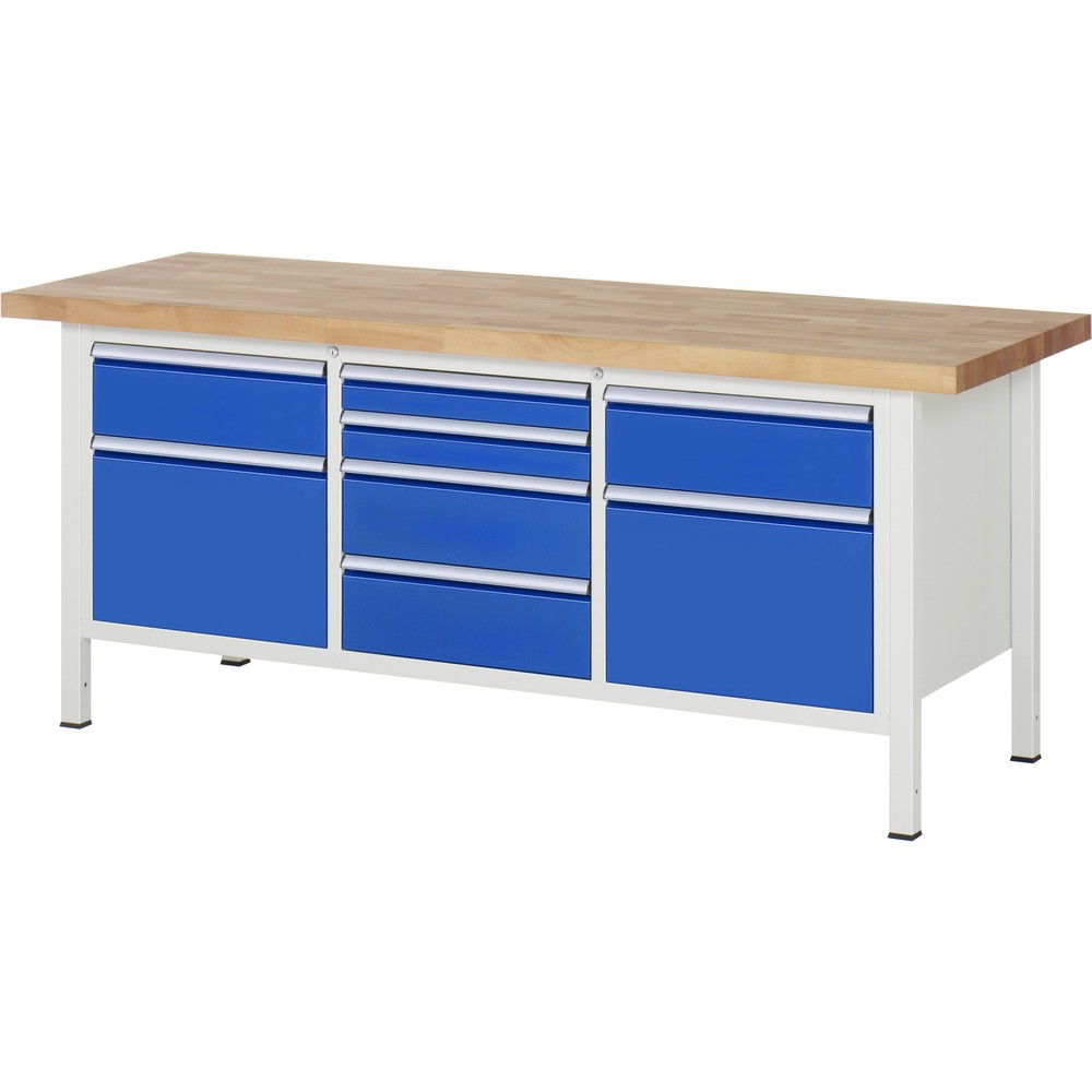 Produktabbildung: RAU Werkbank Serie 8000, 1 Dreifach-Container, HxBxT 840-1.040 x 2.000 x 700 mm, 8 x 100%-Auszug-Schubladen 2 x 90, 4 x 180, 2 x 360 mm