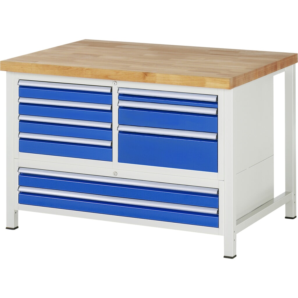 Produktabbildung: RAU Werkbank Serie 8000, 1 Dreifach-Container, HxBxT 840 x 1.250 x 900 mm, 9 x 90%-Auszug-Schubladen, 2 XXL Schubladen unten