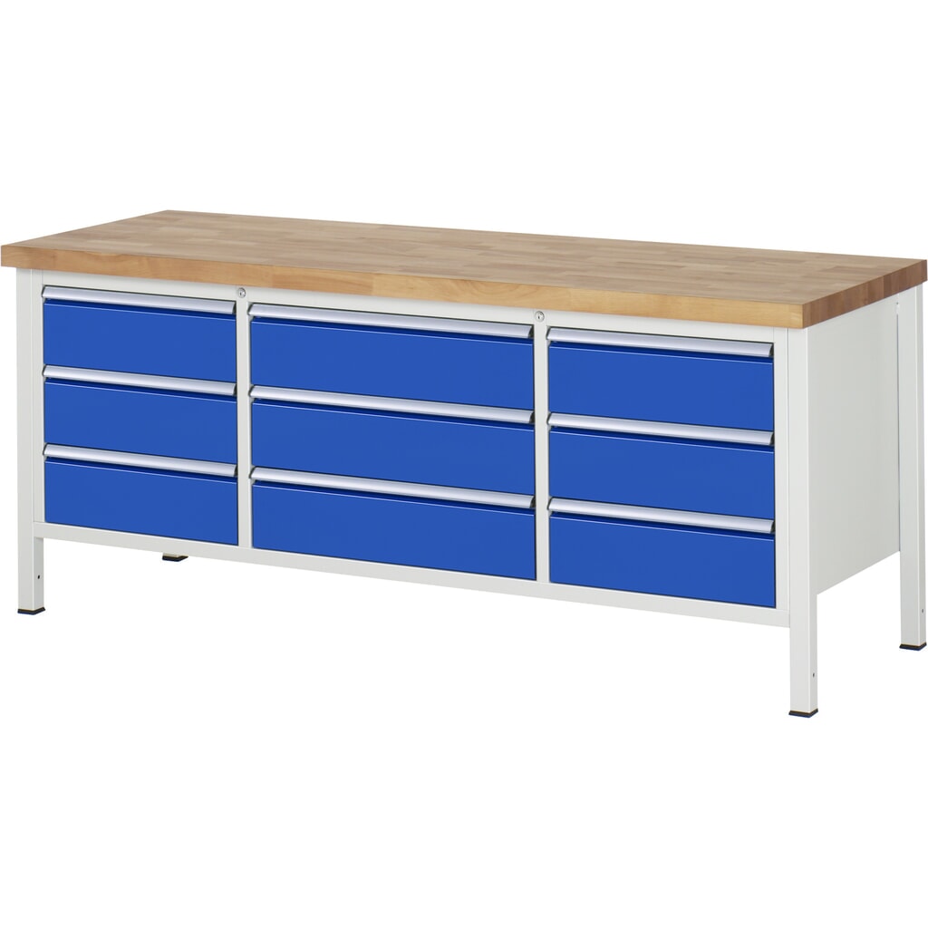 Produktabbildung: RAU Werkbank Serie 8000, 1 Dreifach-Container, HxBxT 840 x 2.000 x 700 mm, 9 x 90%-Auszug-Schubladen 9 x 180 mm, Schubladen-TK 100/75 kg