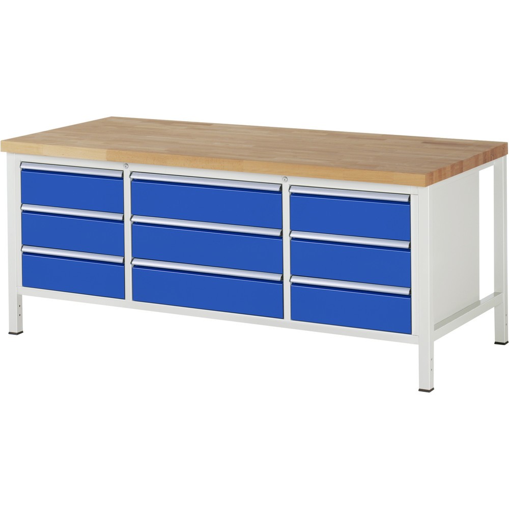 Produktabbildung Nr. 1: RAU Werkbank Serie 8000, 1 Dreifach-Container, HxBxT 840-1.040 x 2.000 x 900 mm, 9 x 90%-Auszug-Schubladen 9 x 180 mm, Breite 490-680 mm