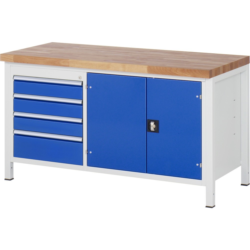 Product afbeelding: Werkbank RAU serie 8000, 1 dubbele kast, 1 legbord, 1 draaideur, hxbxd 840 x 1.500 x 700 mm, 4 x voor 90% uittrekbare lades 3 x 120, 1 x 180 mm