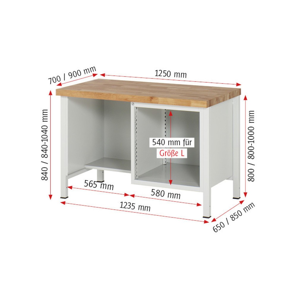 Produktabbildung Nr. 5: RAU Werkbank Serie 8000, 1 Ablageboden, HxBxT 840-1.040 x 1.250 x 700 mm, 3 x 100 % Auszugs-Schubladen, ErgoScript®