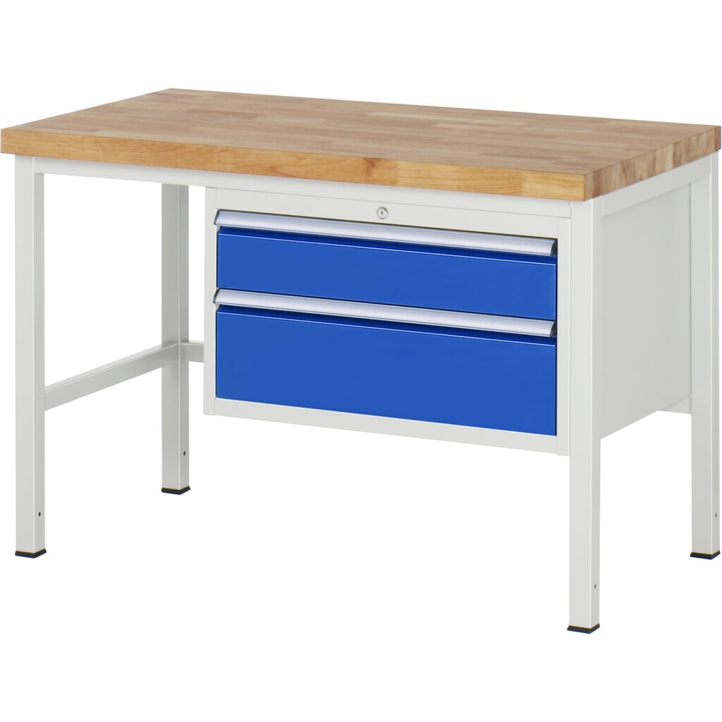 RAU Werkbank Serie 8000, HxBxT 840-1.040 x 1.250 x 700 mm, 2 x 100%-Auszug-Schubladen 1 x 150, 1 x 210 mm, Schubladen-TK 75 kg Produktabbildung: RAU Werkbank Serie 8000, HxBxT 840-1.040 x 1.250 x 700 mm, 2 x 100%-Auszug-Schubladen 1 x 150, 1 x 210 mm, Schubladen-TK 75 kg