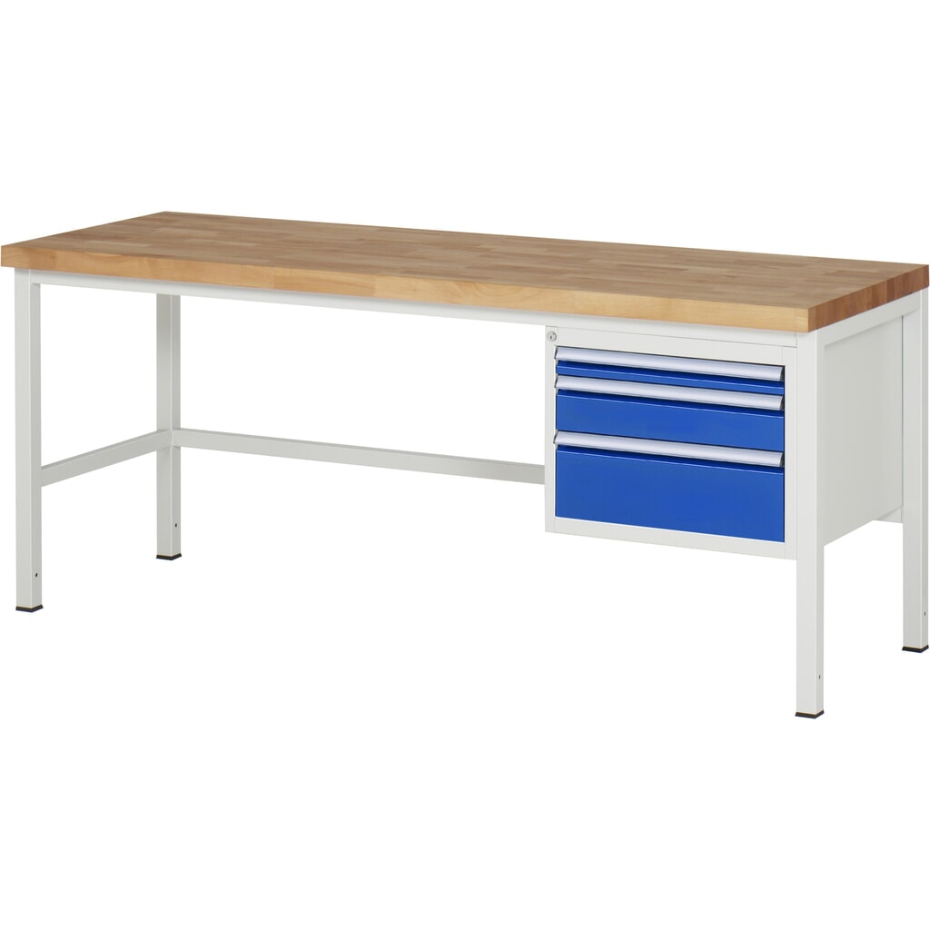Produktabbildung: RAU Werkbank Serie 8000, HxBxT 840 x 2.000 x 700 mm, 3 x 100%-Auszug-Schubladen 1 x 60, 1 x 120, 1 x 180 mm, Schubladen-TK 100 kg