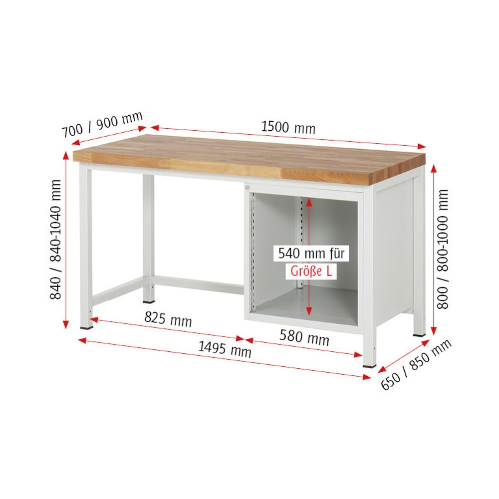Produktabbildung Nr. 5: RAU Werkbank Serie 8000, HxBxT 840-1.040 x 1.500 x 900 mm, 2 x 100%-Auszug-Schubladen 1 x 180, 1 x 360 mm, Schubladen-TK 100 kg
