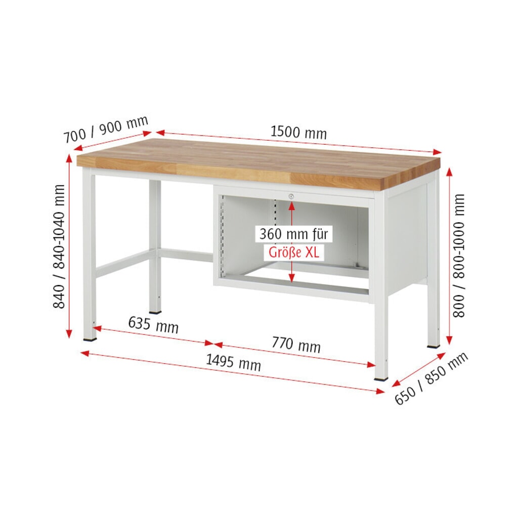 Produktabbildung Nr. 7: RAU Werkbank Serie 8000, HxBxT 840-1.040 x 1.500 x 900 mm, 4 x 90%-Auszug-Schubladen 4 x 90 mm, Breite 680 mm