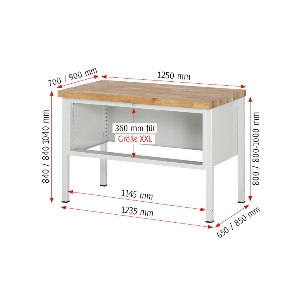 Produktabbildung Nr. 7: RAU Werkbank Serie 8000, HxBxT 840 x 1.250 x 900 mm, 2 x 90%-Auszug-Schubladen 2 x 180 mm, Schubladen-TK 50 kg