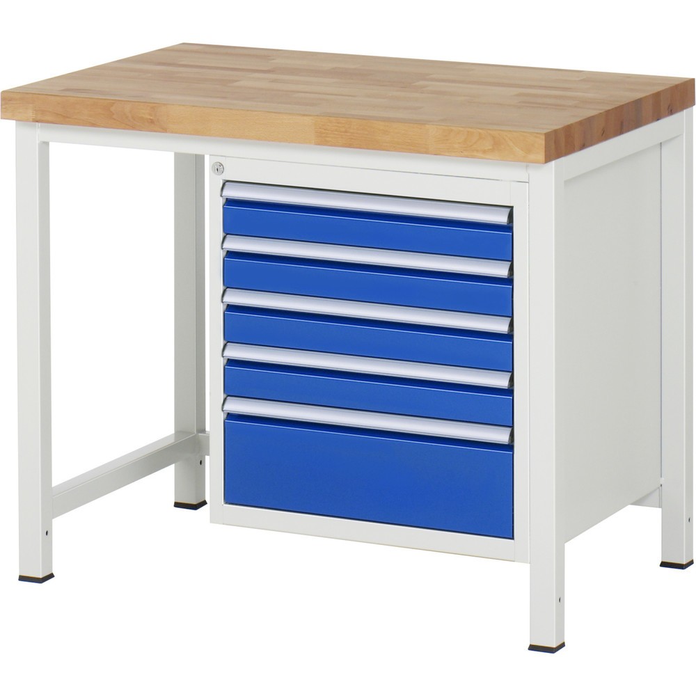 Produktabbildung: RAU Werkbank Serie 8000, HxBxT 840-1.040 x 1.000 x 700 mm, 5 x 90%-Auszug-Schubladen 4 x 90, 1 x 180 mm, Schubladen-TK 100 kg