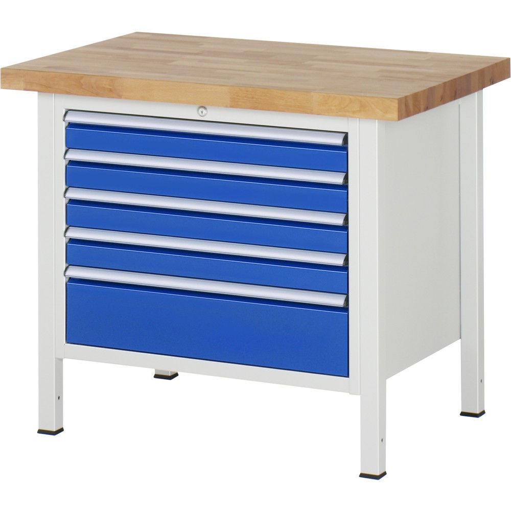 Produktabbildung: RAU Werkbank Serie 8000, HxBxT 840-1.040 x 1.000 x 700 mm, 5 x 100%-Auszug-Schubladen 4 x 90, 1 x 180 mm, Schubladen-TK 75 kg