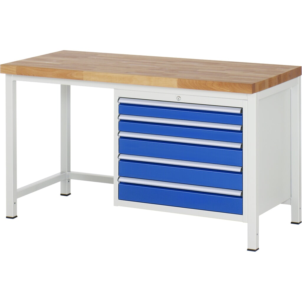 RAU Werkbank Serie 8000, HxBxT 840-1.040 x 1.500 x 700 mm, 5 x 90%-Auszug-Schubladen 2 x 90, 3 x 120 mm, Schubladen-TK 75 kg Produktabbildung: RAU Werkbank Serie 8000, HxBxT 840-1.040 x 1.500 x 700 mm, 5 x 90%-Auszug-Schubladen 2 x 90, 3 x 120 mm, Schubladen-TK 75 kg