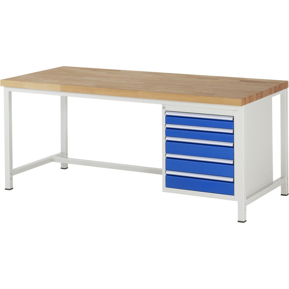 Produktabbildung: RAU Werkbank Serie 8000, HxBxT 840-1.040 x 2.000 x 900 mm, 5 x 100%-Auszug-Schubladen 2 x 90, 3 x 120 mm, Schubladen-TK 100 kg