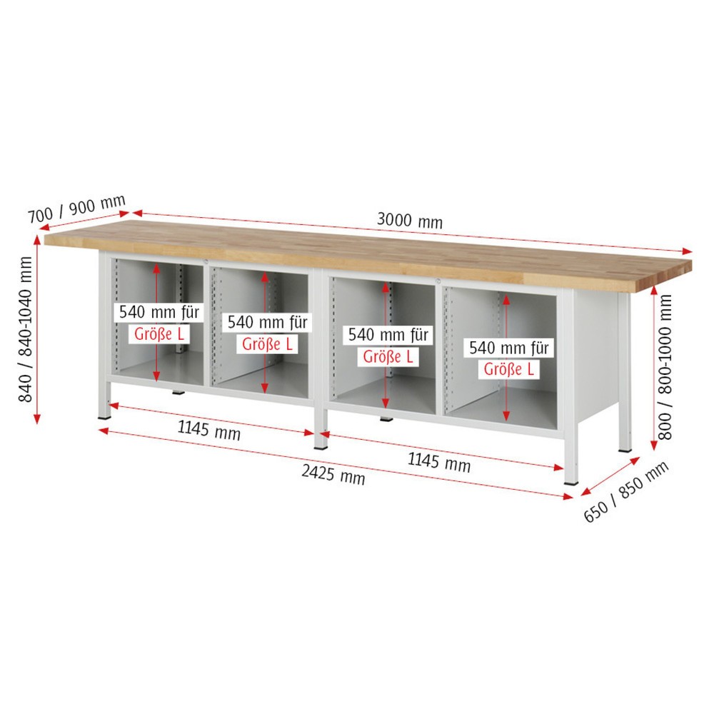 Produktabbildung Nr. 5: RAU Werkbank Serie 8000, 2 Doppel-Container, 4 Flügeltüren, HxBxT 840-1.040 x 3.000 x 700 mm
