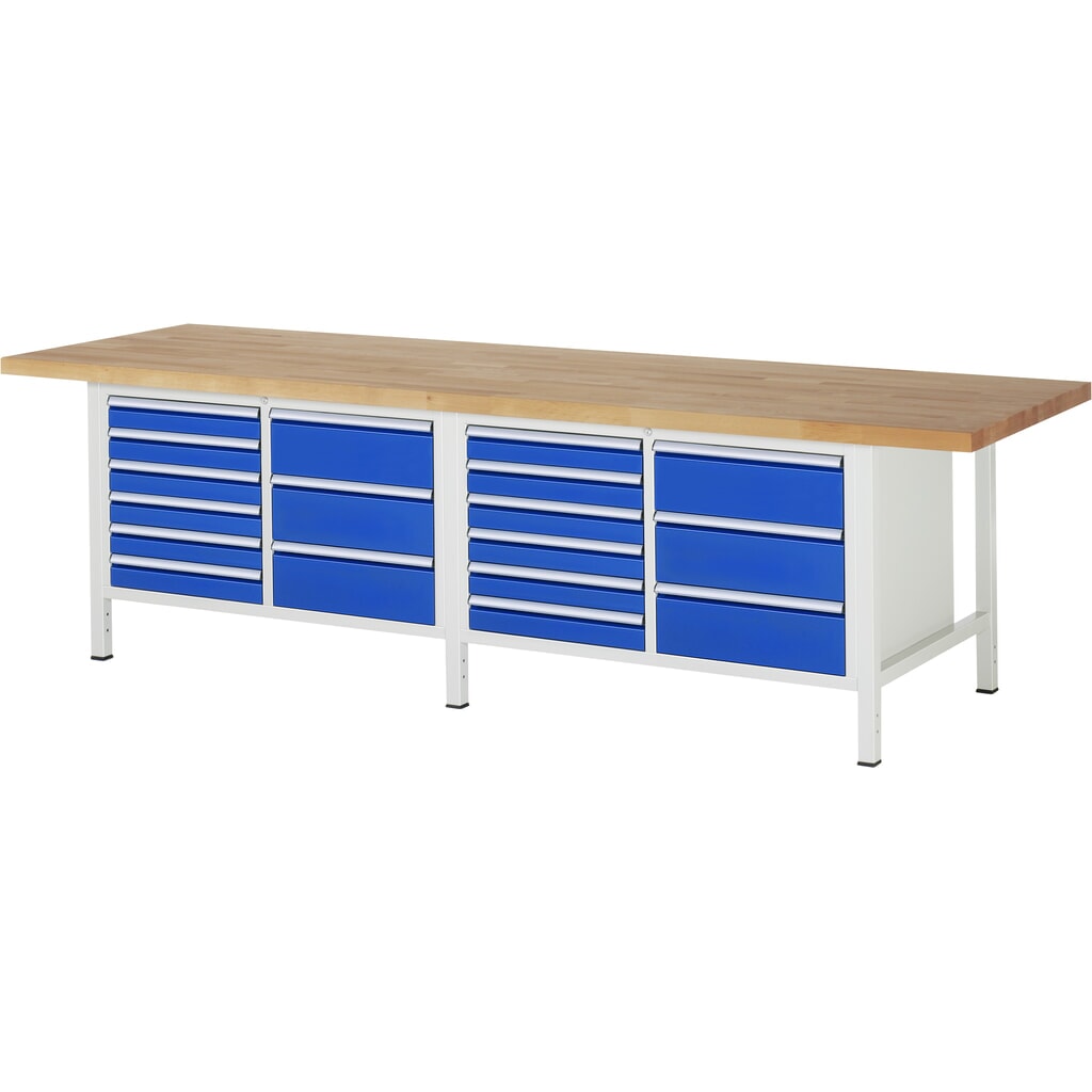 RAU Werkbank Serie 8000, 2 Doppel-Container, HxBxT 840-1.040 x 3.000 x 900 mm, 18 x 90%-Auszug-Schubladen Produktabbildung: RAU Werkbank Serie 8000, 2 Doppel-Container, HxBxT 840-1.040 x 3.000 x 900 mm, 18 x 90%-Auszug-Schubladen