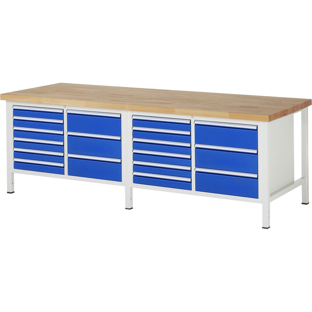 Produktabbildung: RAU Werkbank Serie 8000, 2 Doppel-Container, HxBxT 840-1.040 x 2.500 x 900 mm, 18 x 90%-Auszug-Schubladen