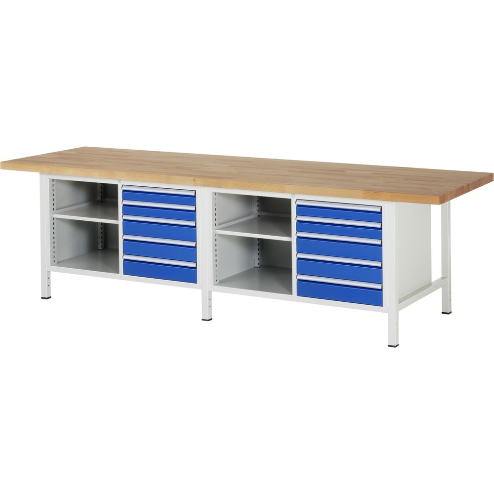 Produktabbildung: RAU Werkbank Serie 8000, 2 Doppel-Container, 2 Fachböden, HxBxT 840 x 3.000 x 900 mm, 10 x 100%-Auszug-Schubladen